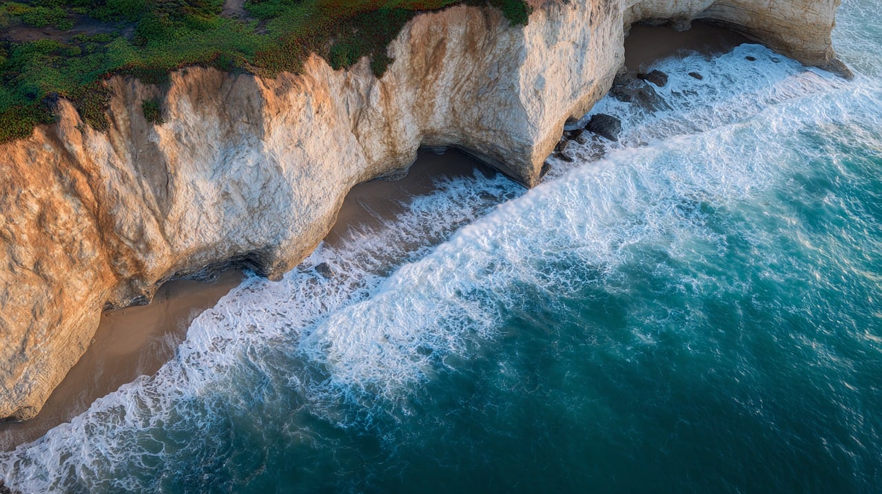 Blue ocean waves meeting pale limestone cliffs, viewed from above