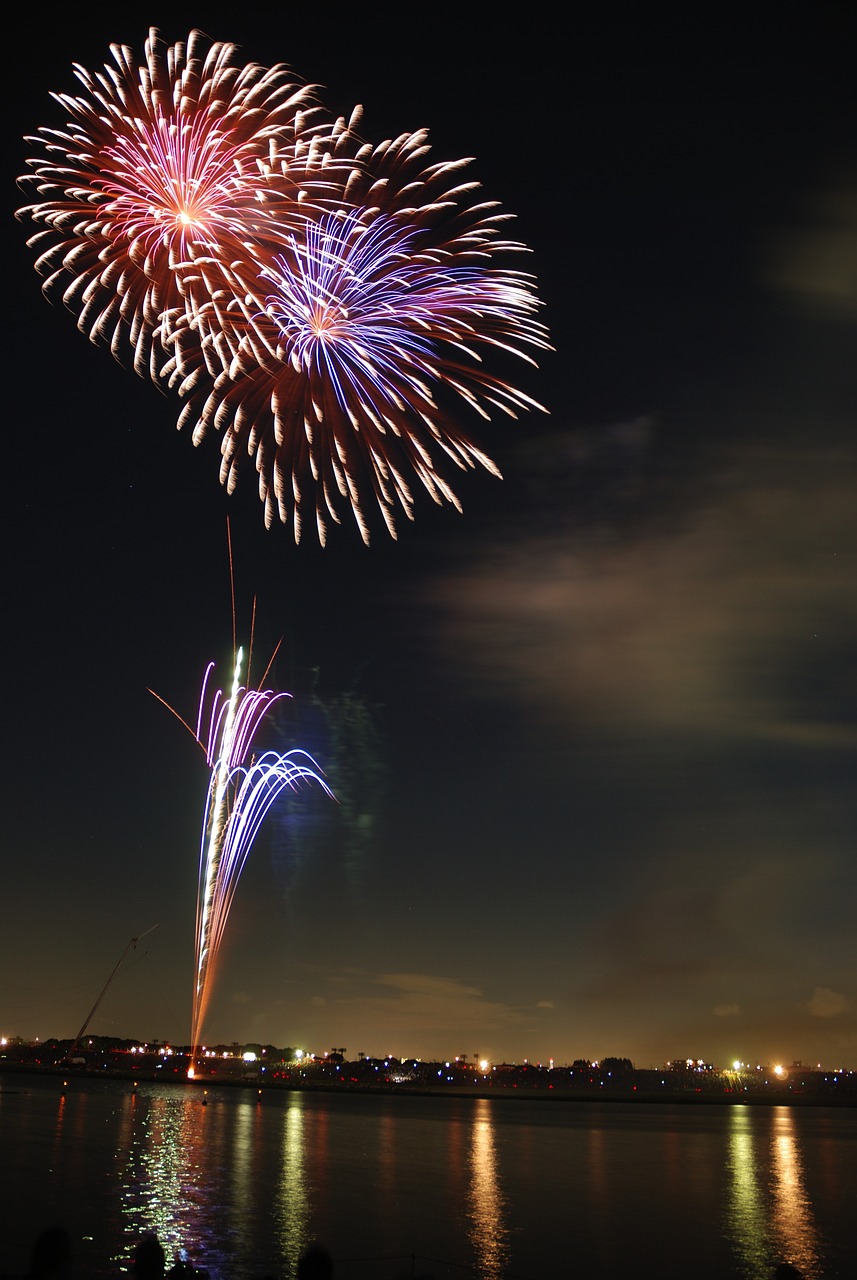 Colorful fireworks reflected on the water above a nighttime crowd