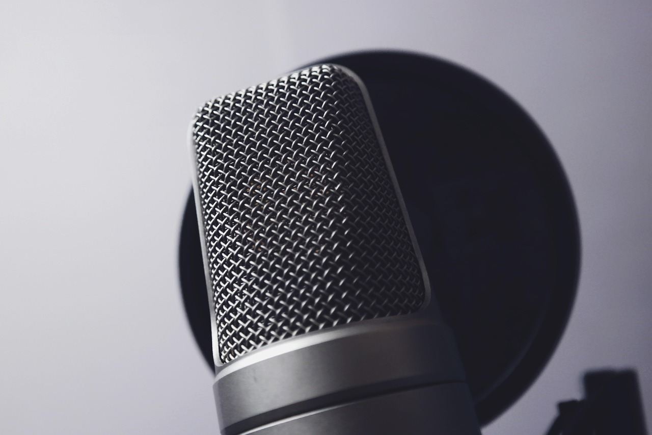 Close-up of a studio microphone and pop filter