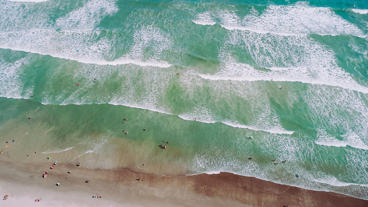Ocean waves meeting a sandy beach, photographed from above