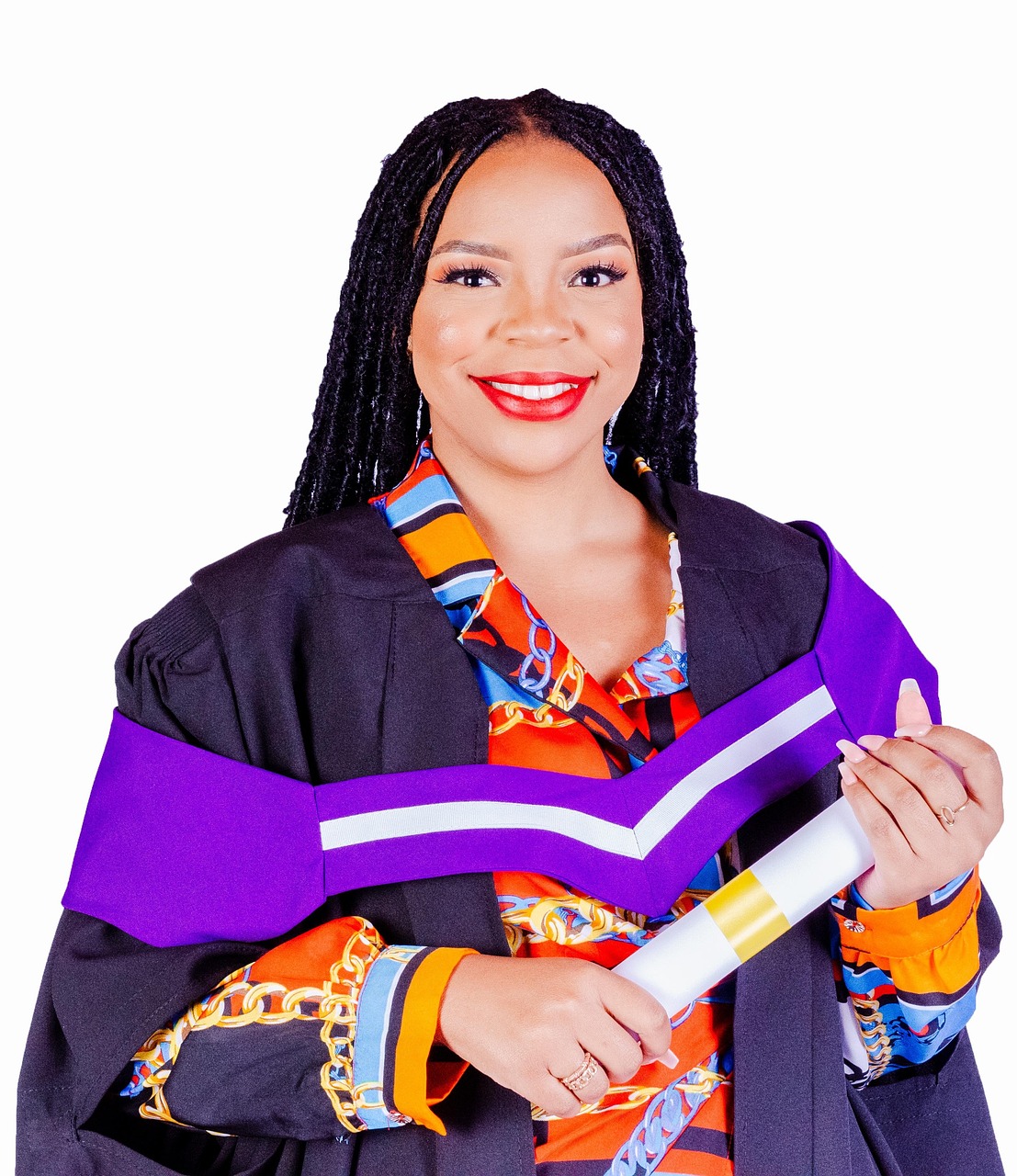 A smiling graduate in a black gown and purple academic stole holding a diploma