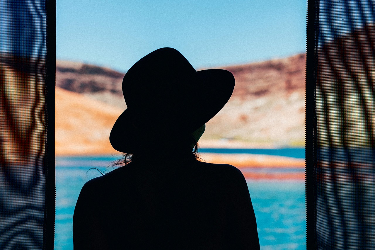 Silhouette of a person wearing a wide-brimmed hat beside the sea