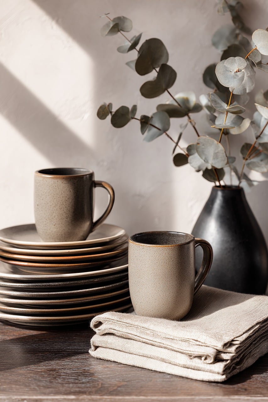 Neutral ceramic cups and stacked plates styled with linen and eucalyptus