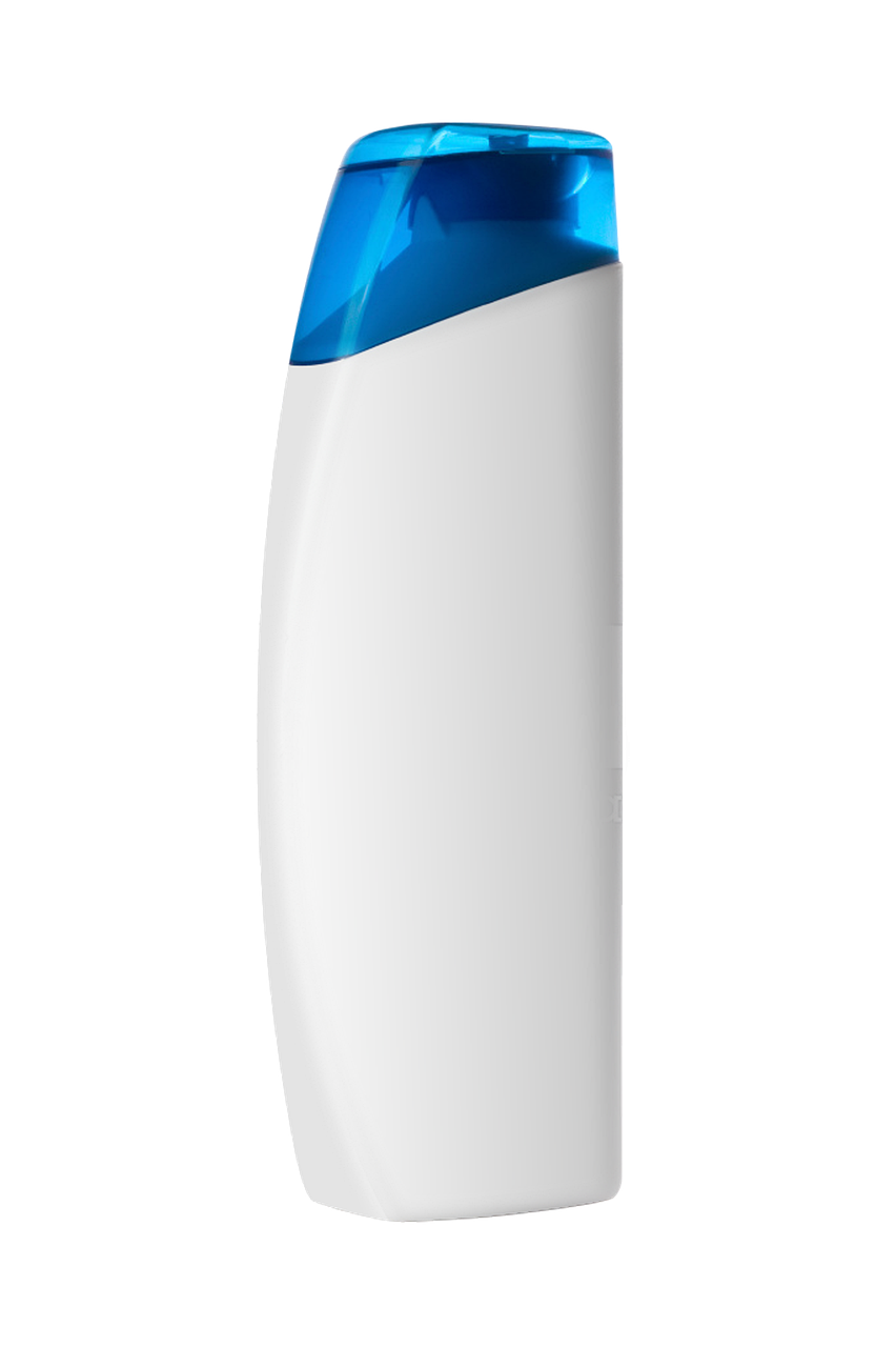 An unbranded white bottle with a blue cap on a plain background